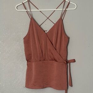 NWT Express Coral Pink Satin Peplum Satin V wrap-front camisole tank S